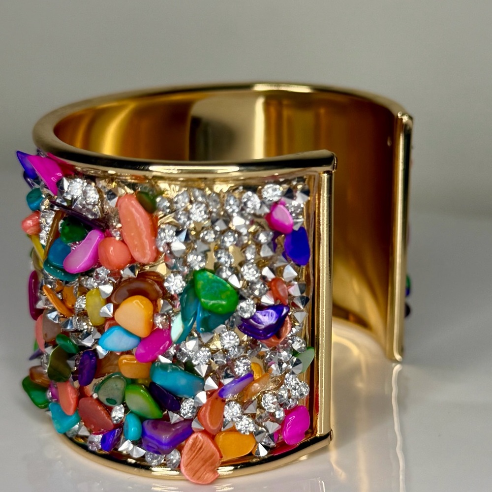Multicolor Cuff Bracelet Wide Statement Bangle Rh… - image 5